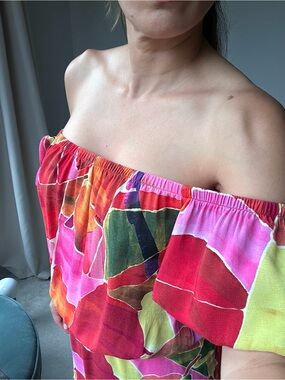 FARM Rio Off-Shoulder set of skirt and blouse in Pink, Red and Green Floral